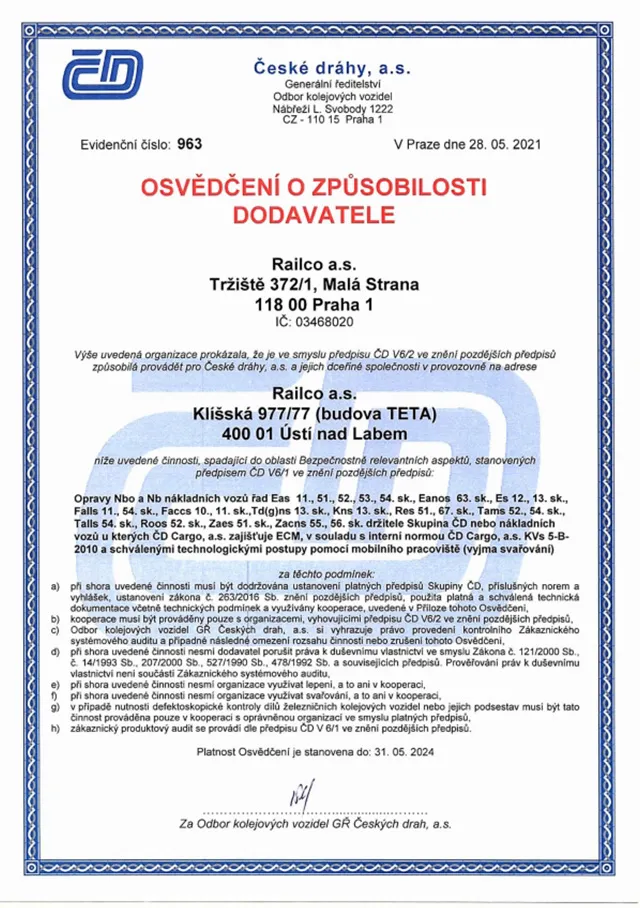 Certificate of competence of the supplier ČD Cargo