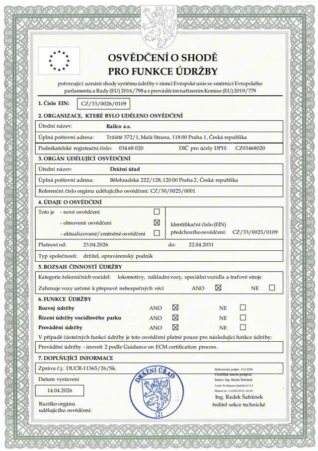 Certificate for maintenance functions