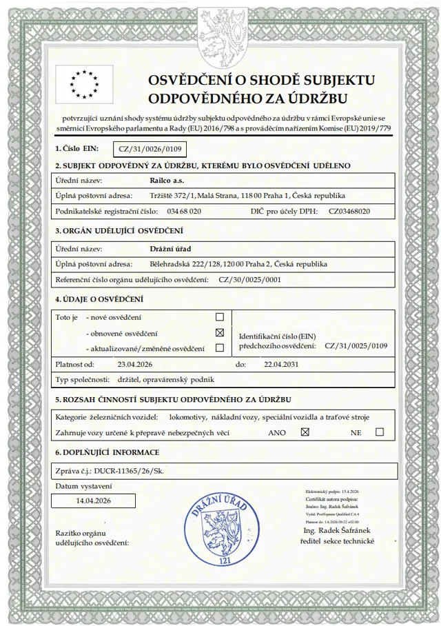Certificate for the entity responsible for maintenance (ECM)